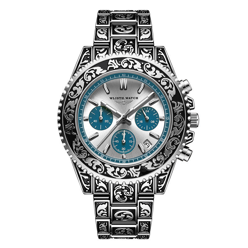 Vintage gravure quartz horloge voor heren met meerdere functies