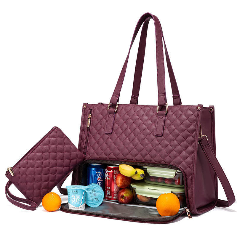Modieuze lunchtas voor dames, thermisch geïsoleerde lunchbox, lekvrije crossbody tas met computercompartiment, gewatteerde grote handtas met portemonnee. 