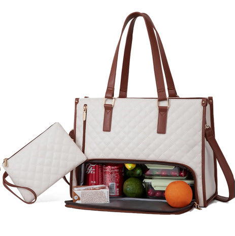 Modieuze lunchtas voor dames, thermisch geïsoleerde lunchbox, lekvrije crossbody tas met computercompartiment, gewatteerde grote handtas met portemonnee. 