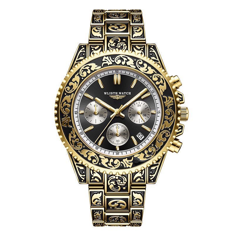 Vintage gravure quartz horloge voor heren met meerdere functies 