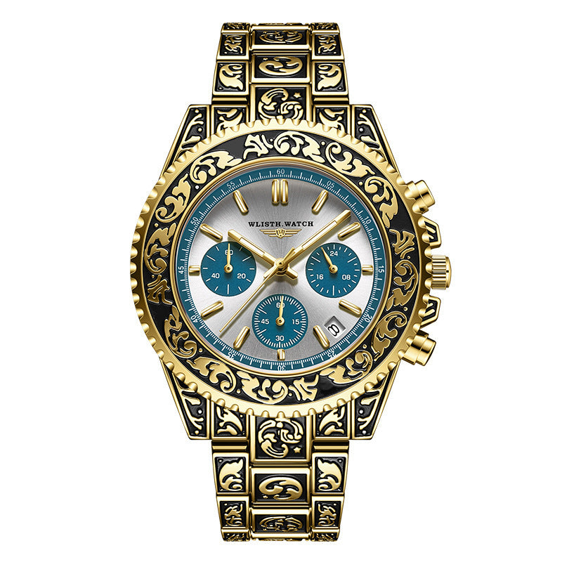 Vintage gravure quartz horloge voor heren met meerdere functies 