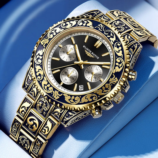 Vintage gravure quartz horloge voor heren met meerdere functies 