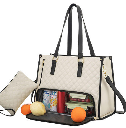 Modieuze lunchtas voor dames, thermisch geïsoleerde lunchbox, lekvrije crossbody tas met computercompartiment, gewatteerde grote handtas met portemonnee. 