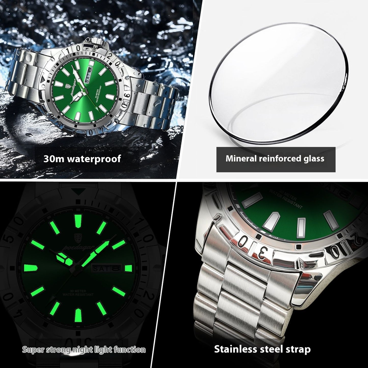 Zwitsers merk, waterdicht, trendy, nieuw herenhorloge met supersterke lichtgevende wijzers. 