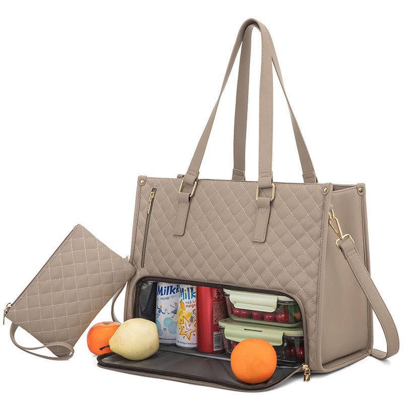 Modieuze lunchtas voor dames, thermisch geïsoleerde lunchbox, lekvrije crossbody tas met computercompartiment, gewatteerde grote handtas met portemonnee. 