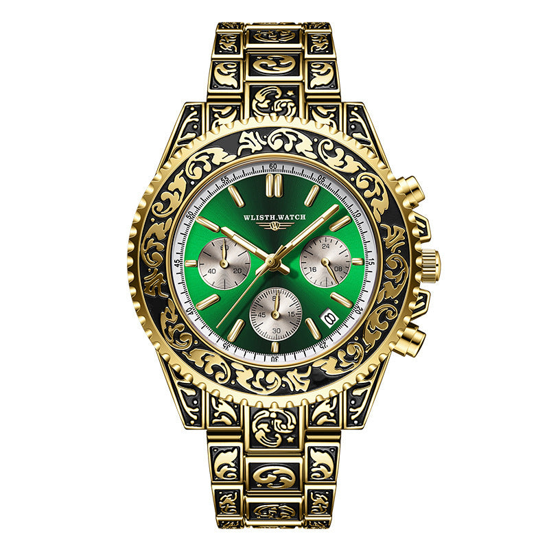 Vintage gravure quartz horloge voor heren met meerdere functies 