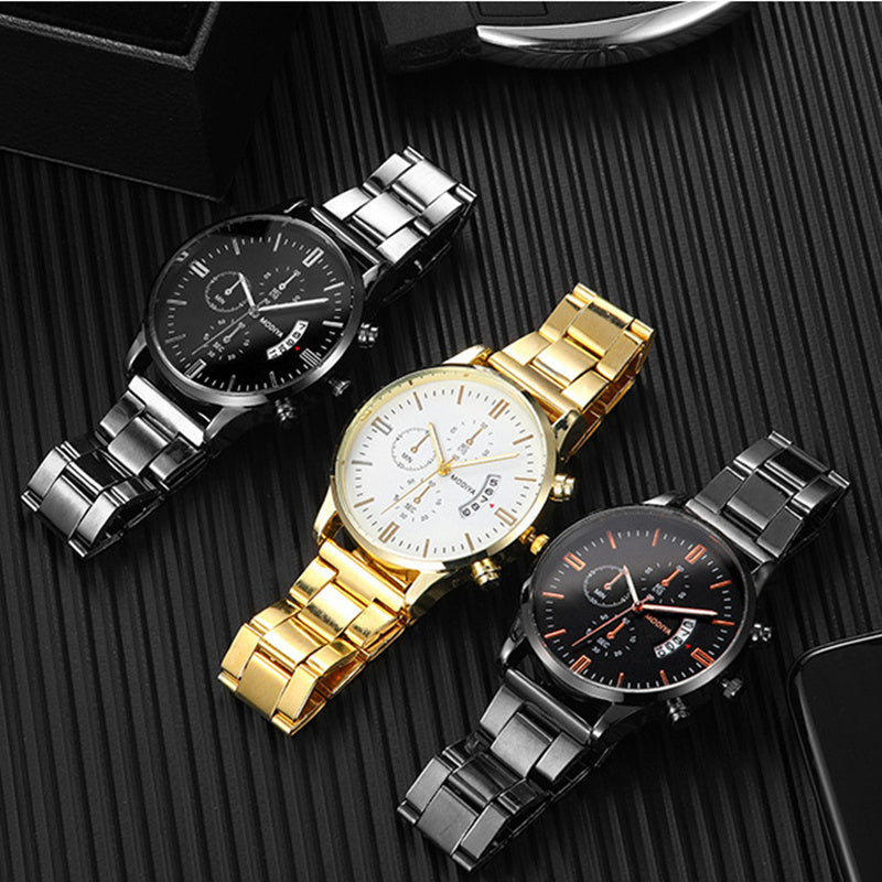 Herrenhorloge met drie wijzerplaten, zes wijzers en een groot kalenderraam. 